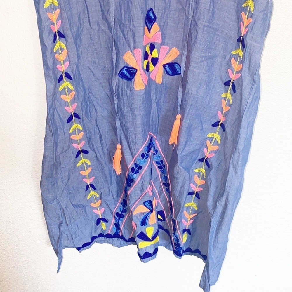 Lulalife Cotton Blue Colorful Embroidered Mini Short Sleeve Summer Dress - Picture 3 of 11